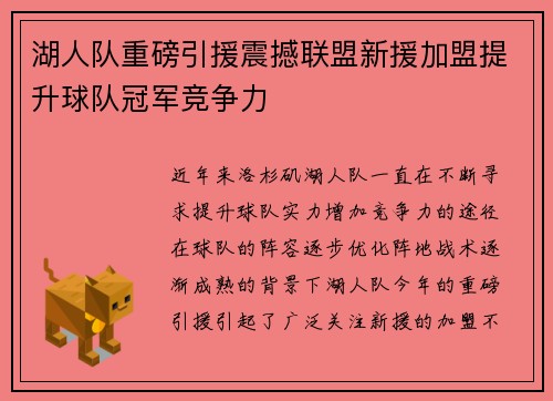 湖人队重磅引援震撼联盟新援加盟提升球队冠军竞争力