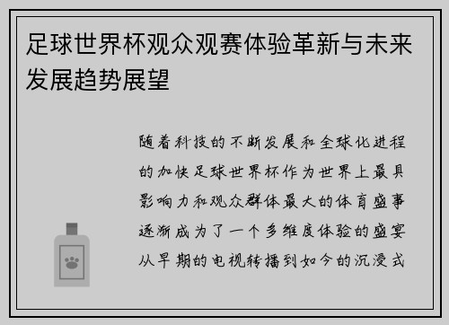 足球世界杯观众观赛体验革新与未来发展趋势展望